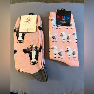 Two Pair! Women's Pink Socks by Sock Smith & Hot Sox, Cow Print and Poodle Print
